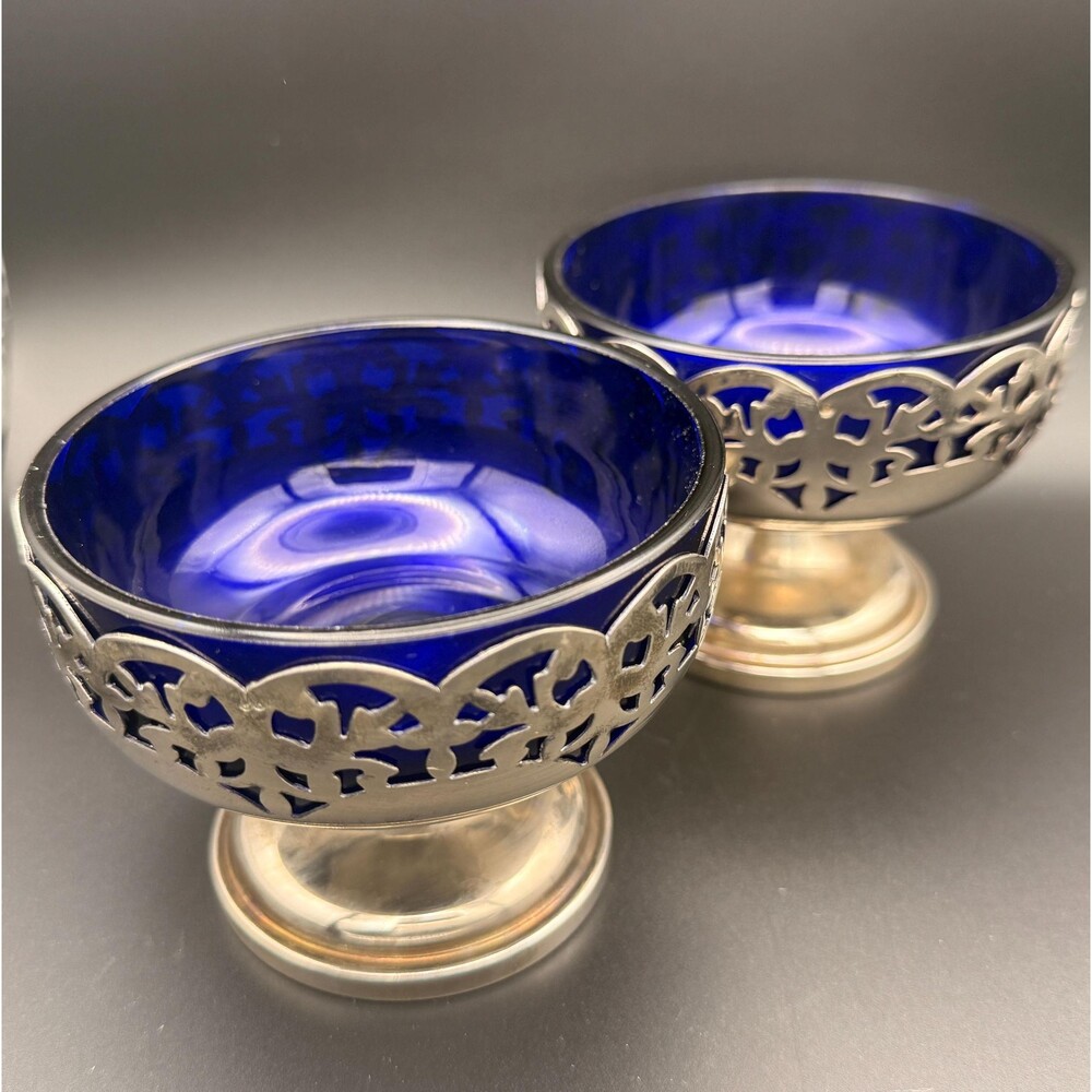 Vintage English Cobalt Blue Glass Pedestal Bowls Silver Plate Pair